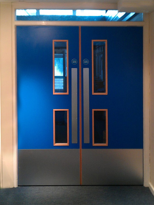 School building fire double-doors fitted