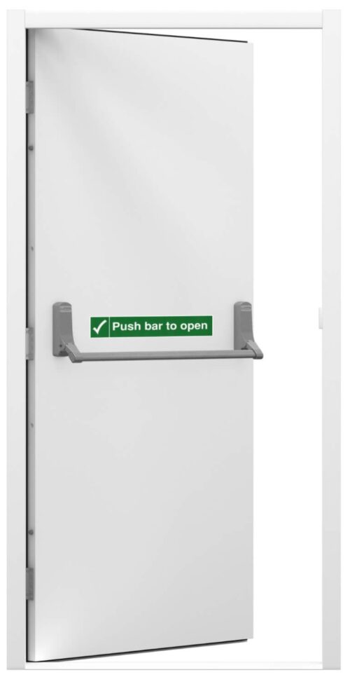 Installed white fire door, with bar handle for quick and simple operation